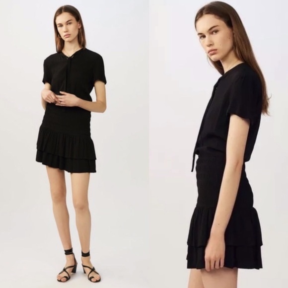 Maje Dresses & Skirts - MAJE | Raboa Black Smocked Short Sleeve Dress Solid Crepe
